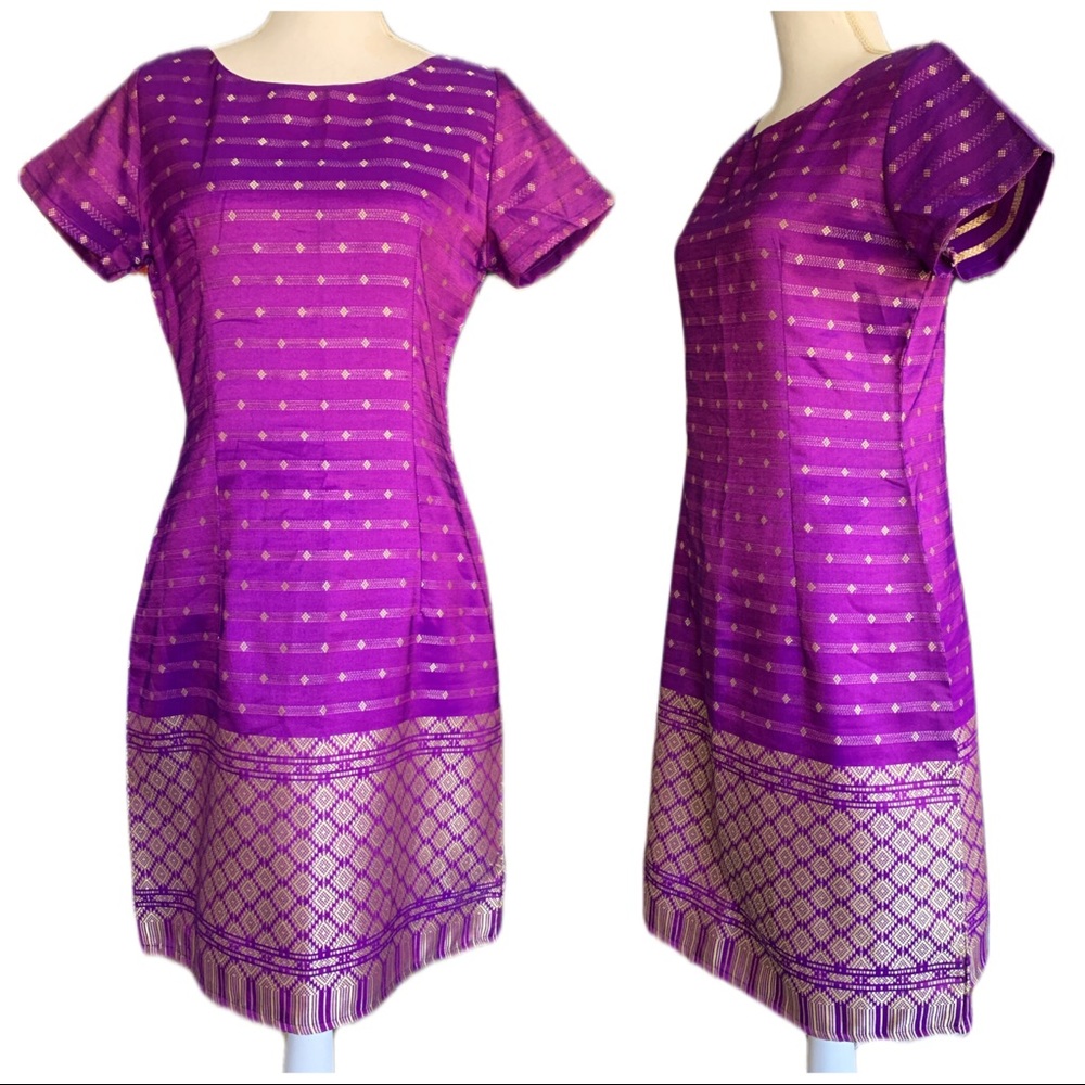Royal Purple & Gold Brocade Short-sleeve Sheath Dress size Medium